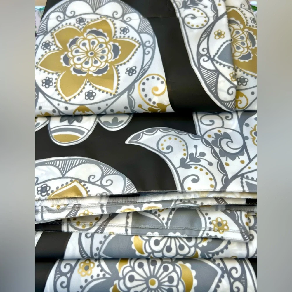 Hamsa Hands Design Peva Shower Curtain Black Gray Metallic Gold White Ornate